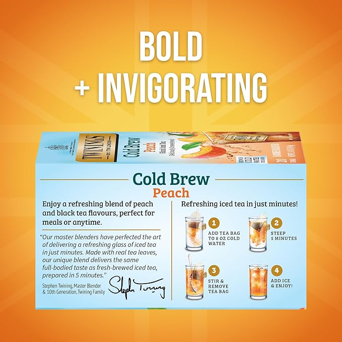 Twinings Peach Cold Brew Iced Tea Bags, 20 Count (Pack of 6), Unsweetened Flavoured Black Tea