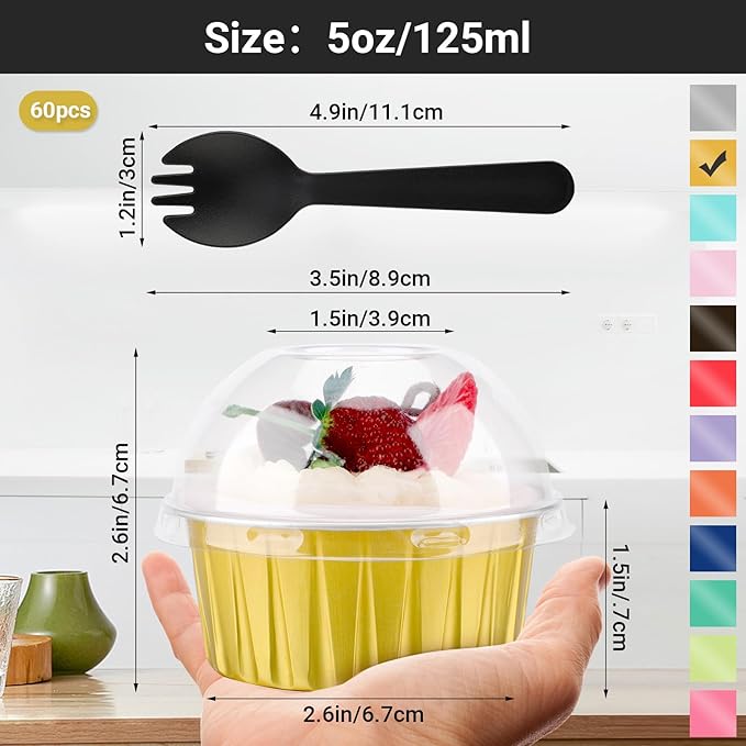 EUSOAR Gold Cupcake Liners and Sporks Disposable, 60pcs 5oz Disposable Aluminum Creme Brulee Muffin