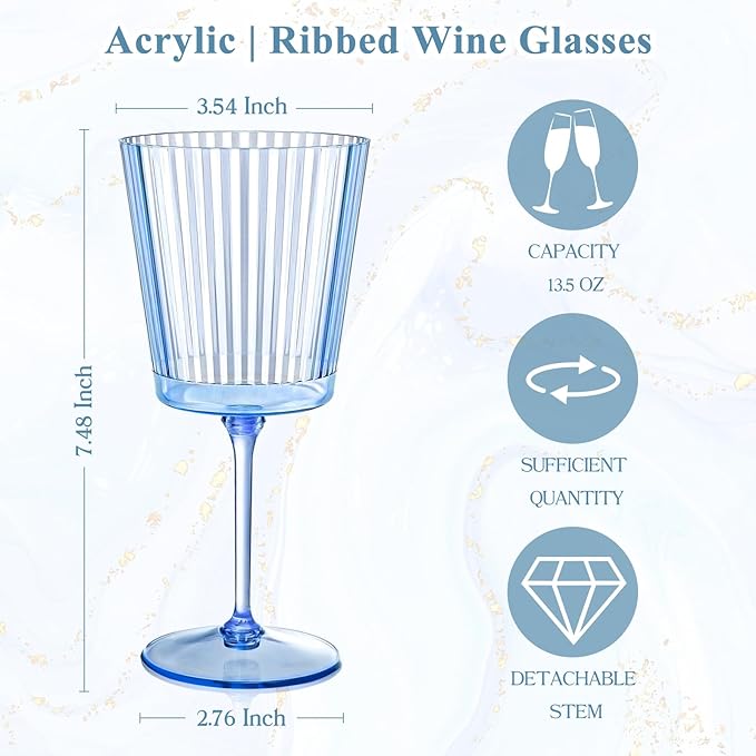 24 PCS Blue Ribbed Plastic Wine Glasses 13.5 OZ Ribbed Wine Glasses Detachable Wine Glass Elegant