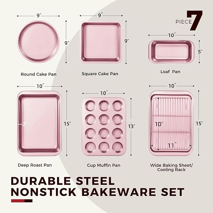 KITESSENSU Baking Pans Sets, Nonstick Bakeware Sets 7-Piece with Round/Square Cake Pan, Loaf Pan