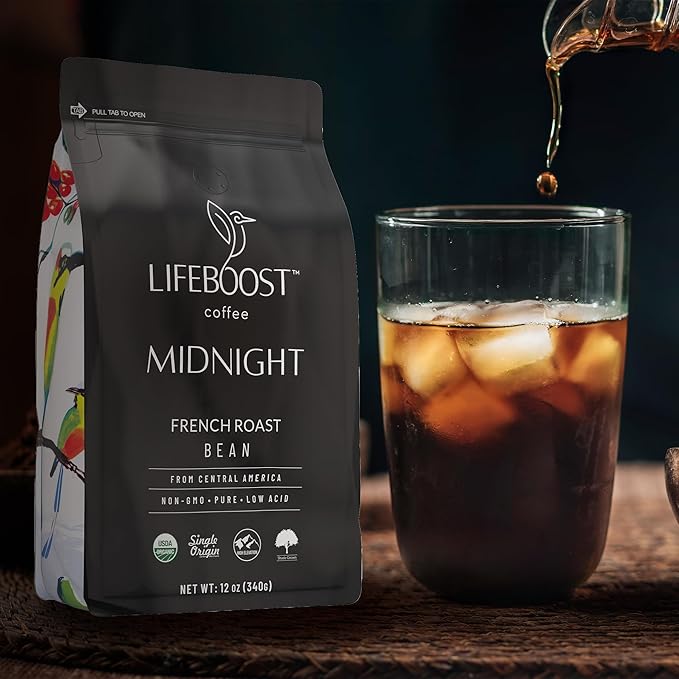 Lifeboost Midnight French Roast Coffee Beans - Single Origin Non-GMO USDA Organic Low Acid French