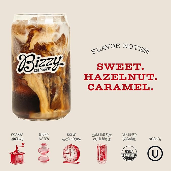 Bizzy Organic Cold Brew Coffee | Smooth & Sweet Blend | Coarse Ground Coffee | Medium Roast | Micro