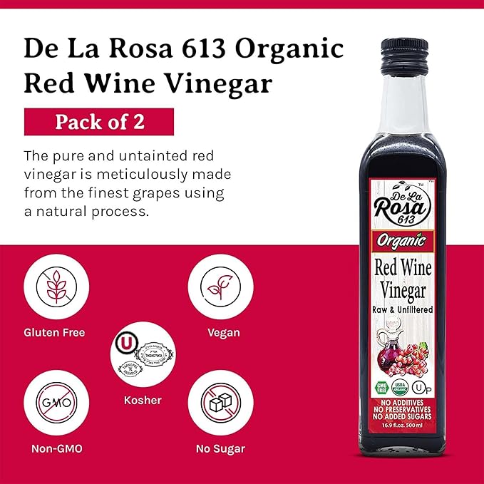 De La Rosa Red Wine Vinegar Organic, Raw & Unfiltered, Kosher for Passover, Vegan, Non-GMO & Gluten