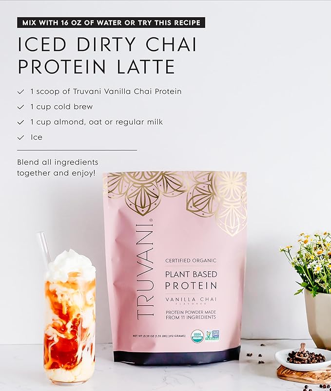 Truvani Vegan Pea Protein Powder | Vanilla Chai | 20g Organic Plant Based Protein | 1 Serving |