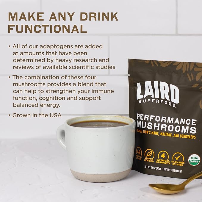 Laird Superfood Organic Performance Mushroom Blend with Chaga, Cordyceps, Lion's Mane and Maitake