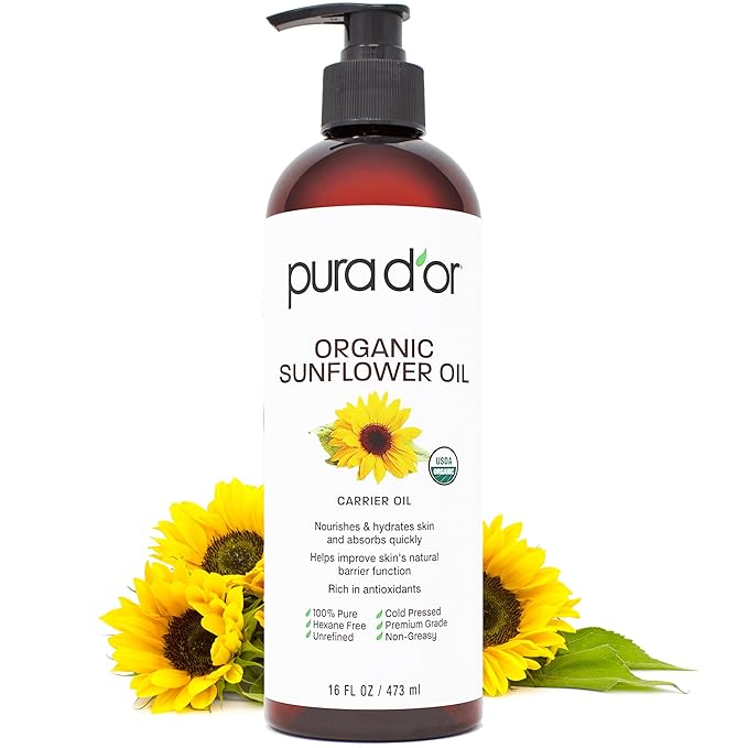 PURA D'OR 16 Oz ORGANIC Sunflower Seed Oil - 100% Pure & Natural USDA Certified Cold Pressed