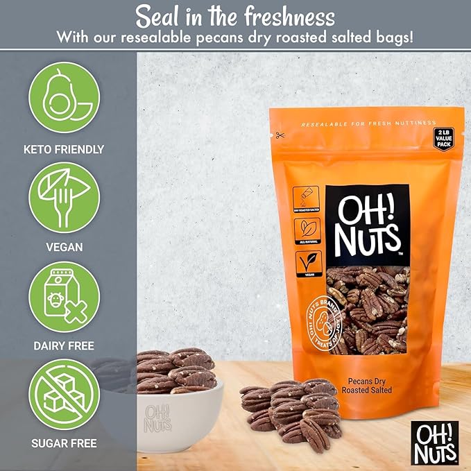Oh! Nuts Pecans Dry Roasted Salted - All Natural Salted Pecans Halves - 2 lb Bulk Bag - Oil-Free