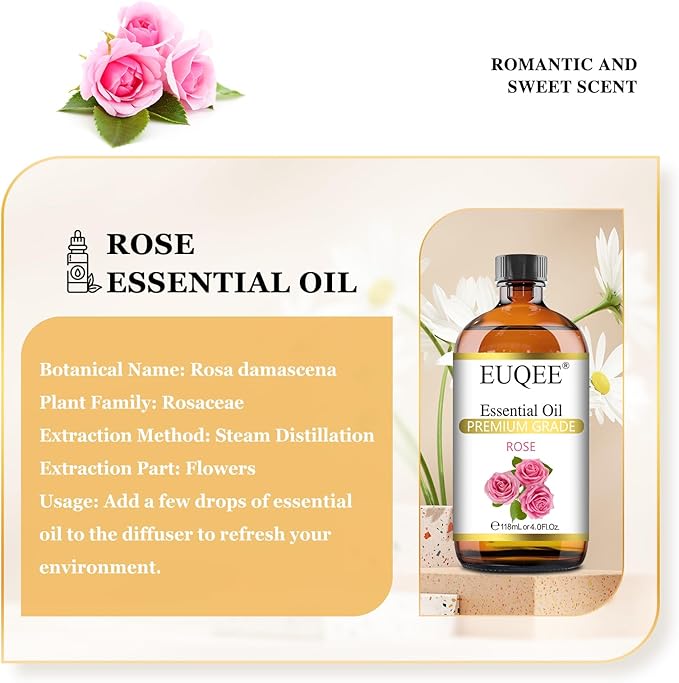 Rose Essential Oil 118mL Large Capacity Rose Oil Premium Essential Oil with Glass Dropper for