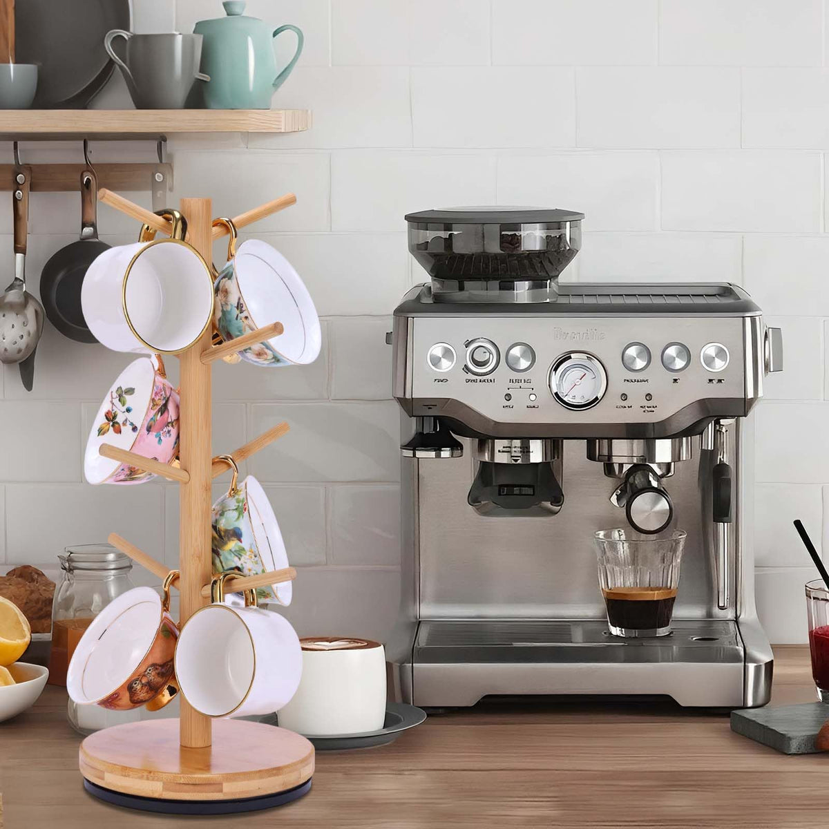 Krispmaild Mug Holder Tree, Upgraded 360° Rotated 8 Hooks Coffee Mug Holders for Counter, Bamboo