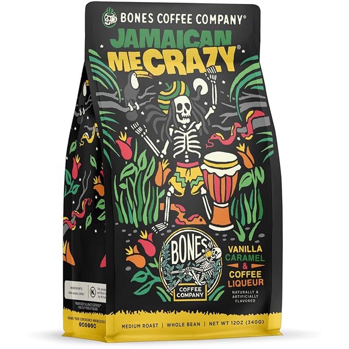 Bones Coffee Company Jamaican Me Crazy, Vanilla Caramel Flavored Coffee, Medium Roast Low Acid