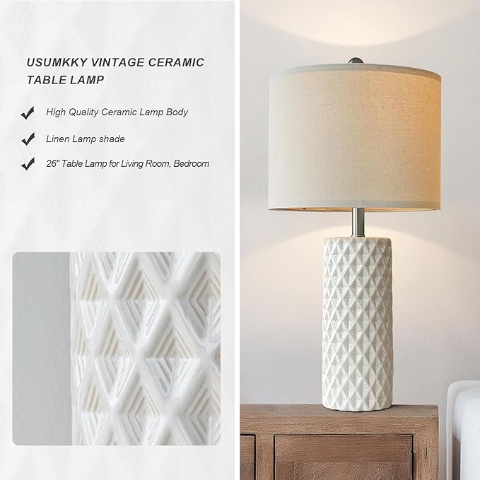 26" Tall Table Lamp for Living Room -Vintage White Lamps Set of 2 Modern Ceramic Lamps for Night