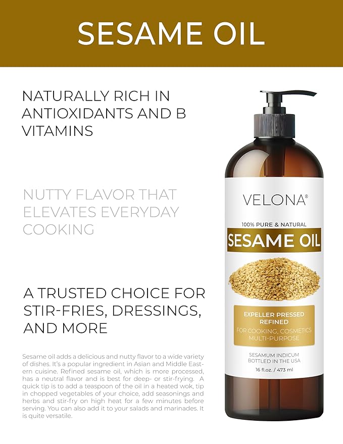 Sesame Seed Oil by Velona - 8 fl oz | 100% Pure and Natural Carrier Oil | Refined, Expeller Pressed