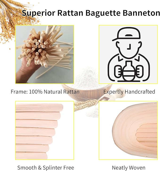 Banneton Bread Proofing Basket - 15 Inch Baguette Sourdough Bread Basket with Liner - Set of 2
