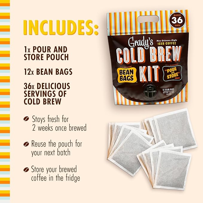 GRADY'S COLD BREW, French Vanilla, 100% Arabica Ground Coffee & Chicory Pouches, All-in-One Cold