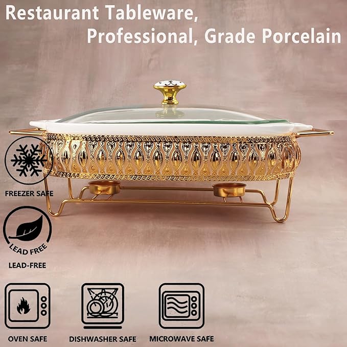 11" x 8" Ceramic Rectangular Casserole Dish with Glass Lid and rack, 1.6 Quart White Serving Soup