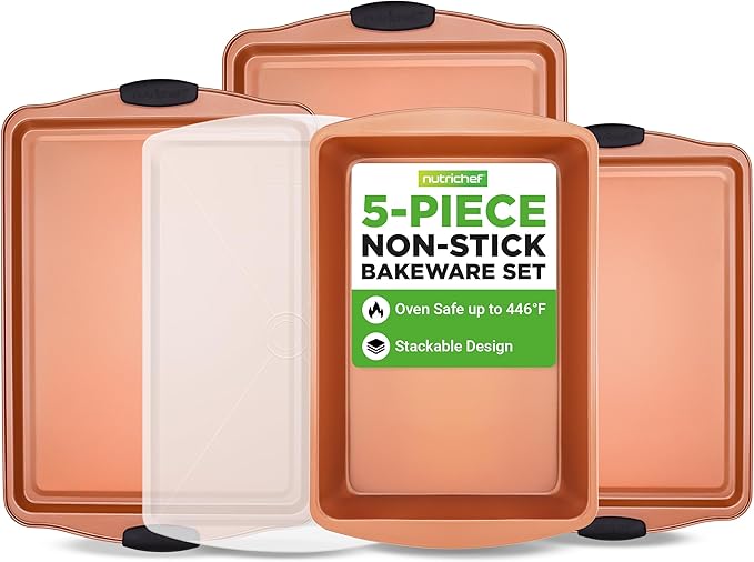 NutriChef 5 Piece Baking Pan Set - PFOA, PFOS, PTFE Free Flexible Nonstick Carbon Steel Bakeware