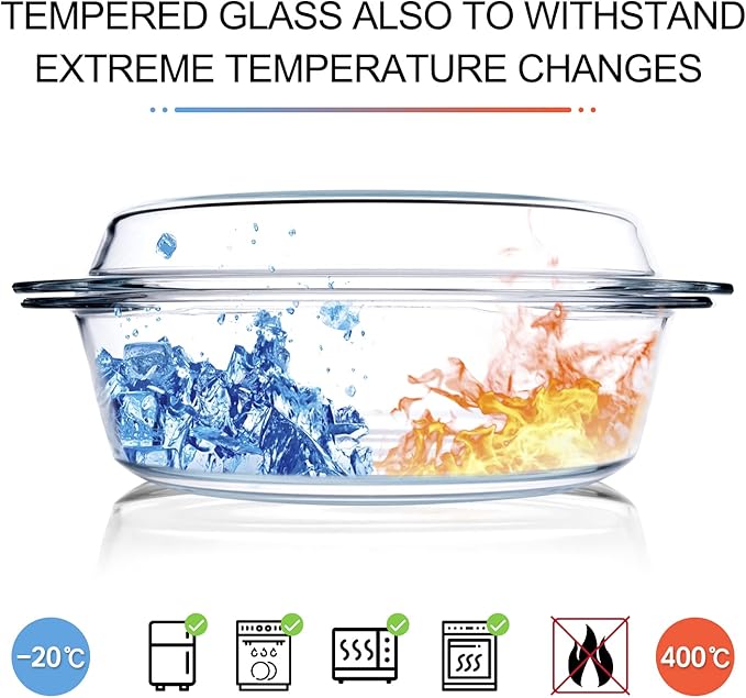 Round Tempered Glass Casserole Dish with Lid, Glass Casserole Baking Dish for Oven, Freezer and