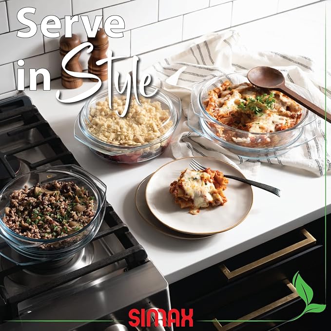 Simax Casserole Dish Set with Lid, Round Glass Cookware, Borosilicate Glass, Made In Europe 1 Qt