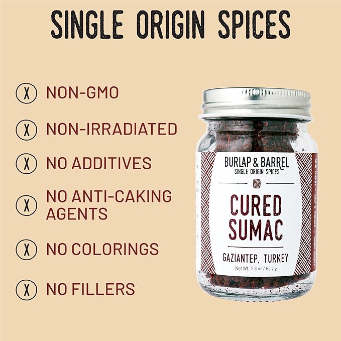 Burlap & Barrel Cured Sumac - Bright, Sour, Salty, Slightly Fermented Spice - Ground Sumac for