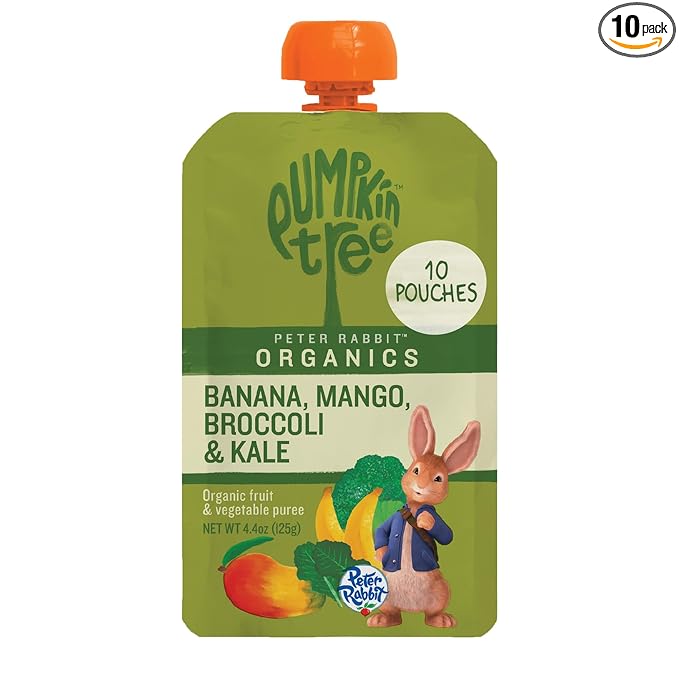 Pumpkin Tree Peter Rabbit Organics, Banana, Mango, and Kale, 4 Squeeze Pouch, Mango, Broccoli &