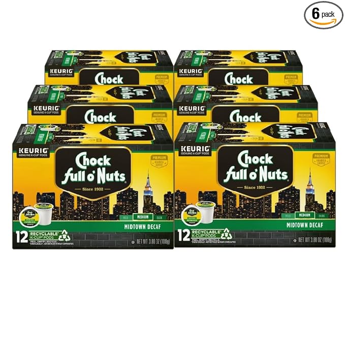 Chock full o’Nuts Midtown Decaf Keurig K-Cup Pods for Keurig Brewers – Premium Arabica, Medium