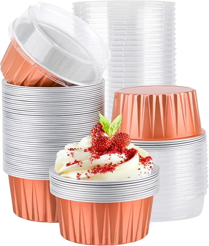 EUSOAR Cupcake Liners for Baking, 60pcs 5oz Foil Ramekins with Lids Dessert Containers, Disposable