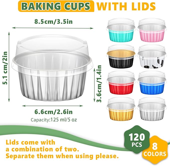 120 Pcs Aluminum Foil Baking Cups Mini Cake Pans with Lids 5 oz Cupcake Liners Disposable Muffin