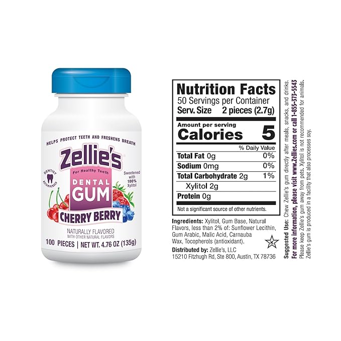 Zellie's | 100% Xylitol Cherry Berry Chewing Gum | No Aspartame, Gluten Free, Vegan & Kosher (100