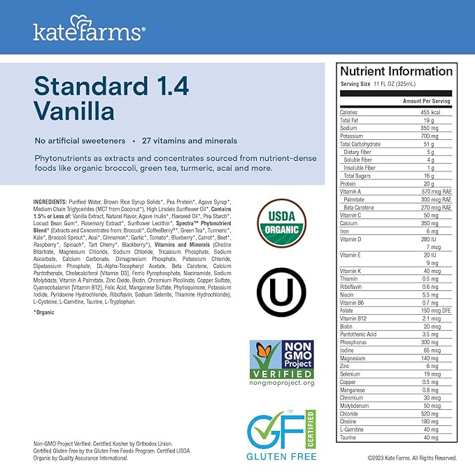 KATE FARMS Organic 1.4 High Calorie Nutrition Shake, Vanilla, 20g Protein, 27 Vitamins and
