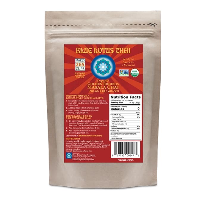 Blue Lotus Chai - Organic Golden Rooibos Masala Chai - Makes 265 Cups - 8oz Bag Masala Spiced Chai