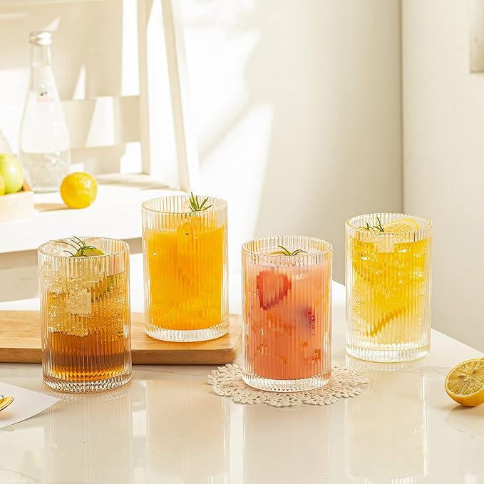 Vintage Ribbed Glassware Set: 4pcs 16.9oz XL Drinking Glasses, Fluted Ripple Drinkware, Origami