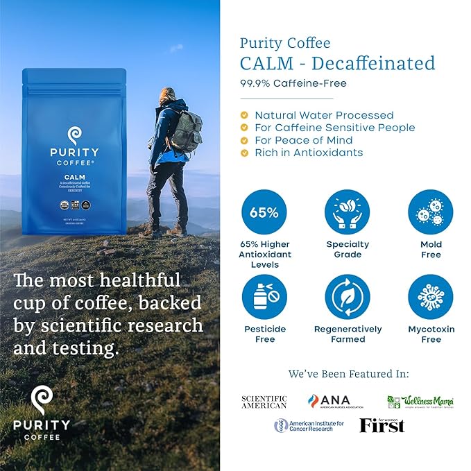 Purity Coffee CALM Decaf Ground Coffee - Natural Water Decaffeinated Coffee - USDA Organic and