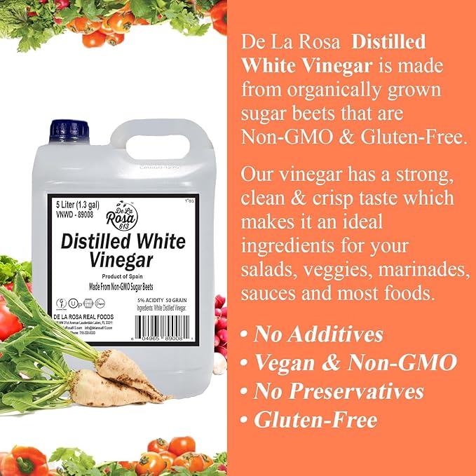 De La Rosa Distilled White Vinegar, Raw & Unfiltered, Kosher for Passover, Vegan & Gluten Free