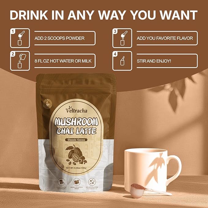 Veltracha Mushroom Chai Tea, Instant Chai Tea Powder with 6 Adaptogenic Mushrooms, Spiced Chai