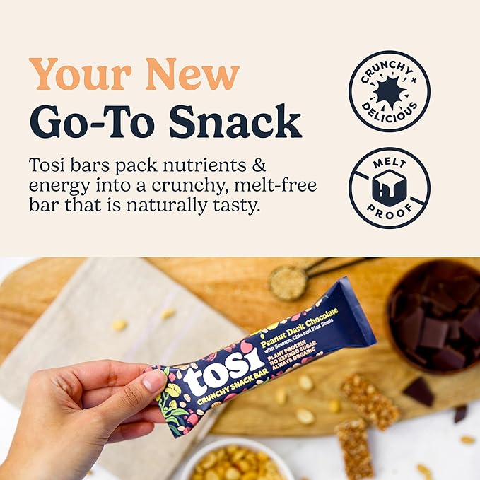 Tosi Peanut Dark Chocolate Protein Bars (8G) - Plant Based Healthy Snacks, Gluten-Free Crunchy