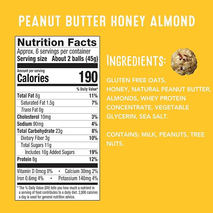 simplyFUEL Whole Food Protein Balls with Probiotics - Peanut Butter Honey Almond Snacks - 8g