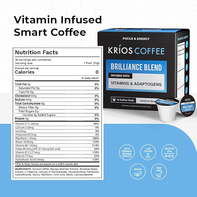 Krios Coffee Brilliance Coffee Pods, Enhance Energy & Focus with Essential Vitamins, L-Theanine