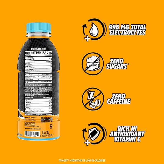 GHOST Hydration Drink, Orange Squeeze - RTD Sports Drink with Electrolytes, Natural Vitamins &