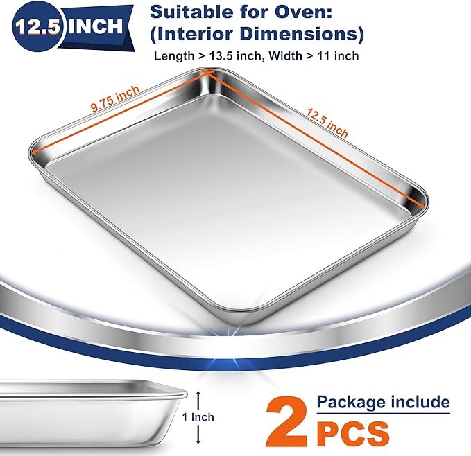 P&P CHEF 12.5 Inch Baking Cookie Sheet, Oven Pan Tray Stainless Steel Sheet Pan for Kitchen, Oven