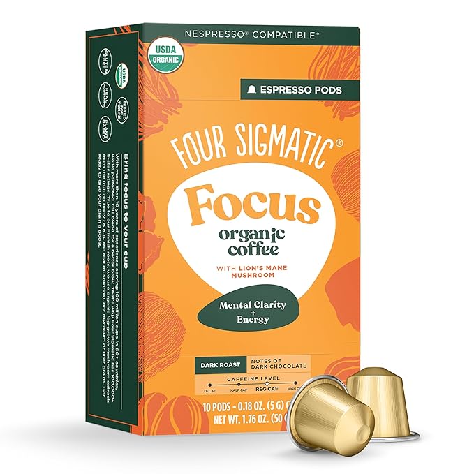 Four Sigmatic Focus Coffee Pods Compatible with Nespresso Original | Organic Dark Roast Espresso