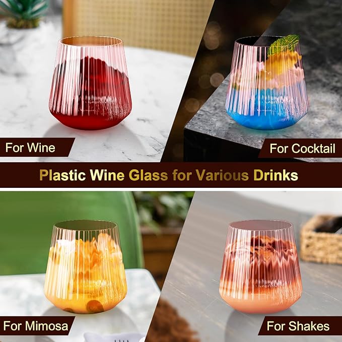40 Pack Plastic Ribbed Wine Glasses, 14Oz Origami Disposable Wine Glasses Unbreakable Clear Plastic