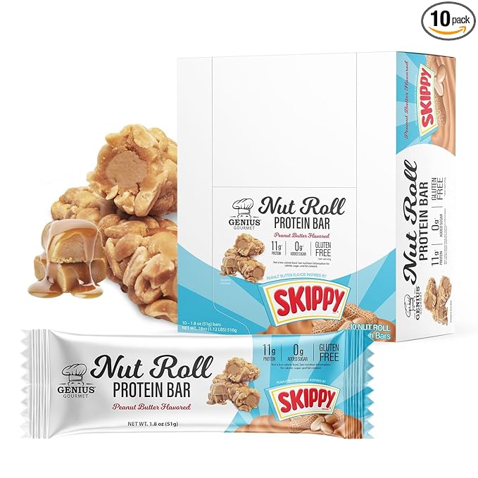 Genius Gourmet SKIPPY Peanut Butter Flavor Inspired Protein Nut Roll Bar,11g Protein per