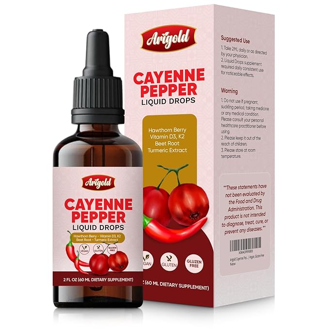 Arigold Cayenne Pepper Liquid Drops ??2 fl oz (60 ml) Vegan Supplement with Vitamin D3 K2, Hawthorn