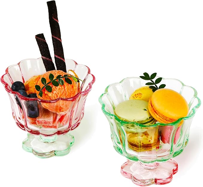 Ice Cream Bowls Drinking Glass Cups Set of 2 (Pink & Green), Flower Petal Style Glasses, 8.5oz