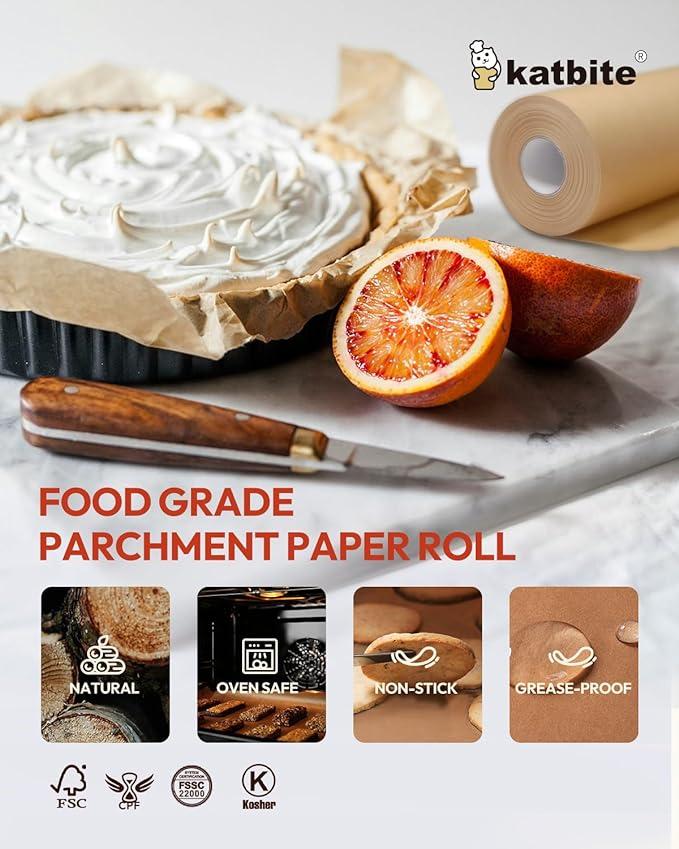 Katbite Unbleached Parchment Paper Roll, 15in x 242ft, 300 Sq.Ft, Non-Stick with Serrated Cutter