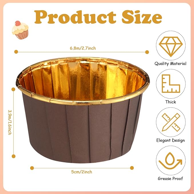300 Pack Brown Gold Cupcake Cups Bulk Disposable Foil Muffin Liners 3.5 oz Wrappers for Baking