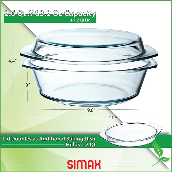 Simax Casserole Dish with Lid, 2.5 Quart Round Glass Casserole Dishes for Oven with Lid and