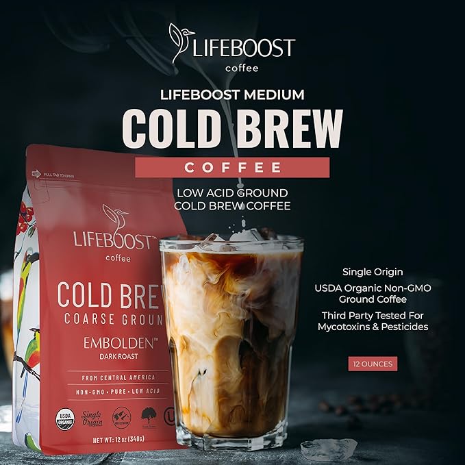 Lifeboost Dark Cold Brew Coffee - Single Origin Non-GMO USDA Organic Low Acid Coarse Ground Coffee