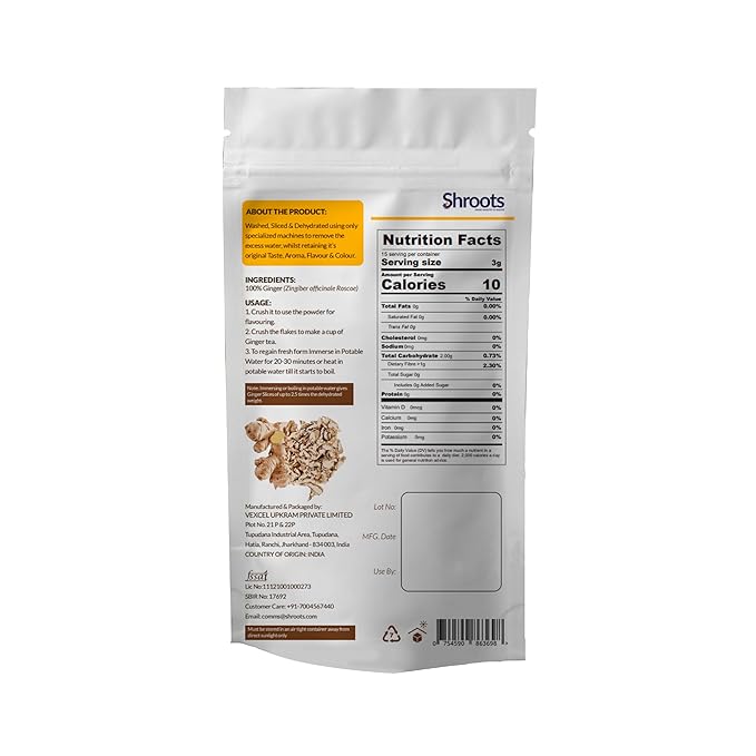SHROOTS Dried Ginger Flakes ??Organic Substitute for Fresh Ginger Ready to Mix & Consume Supports