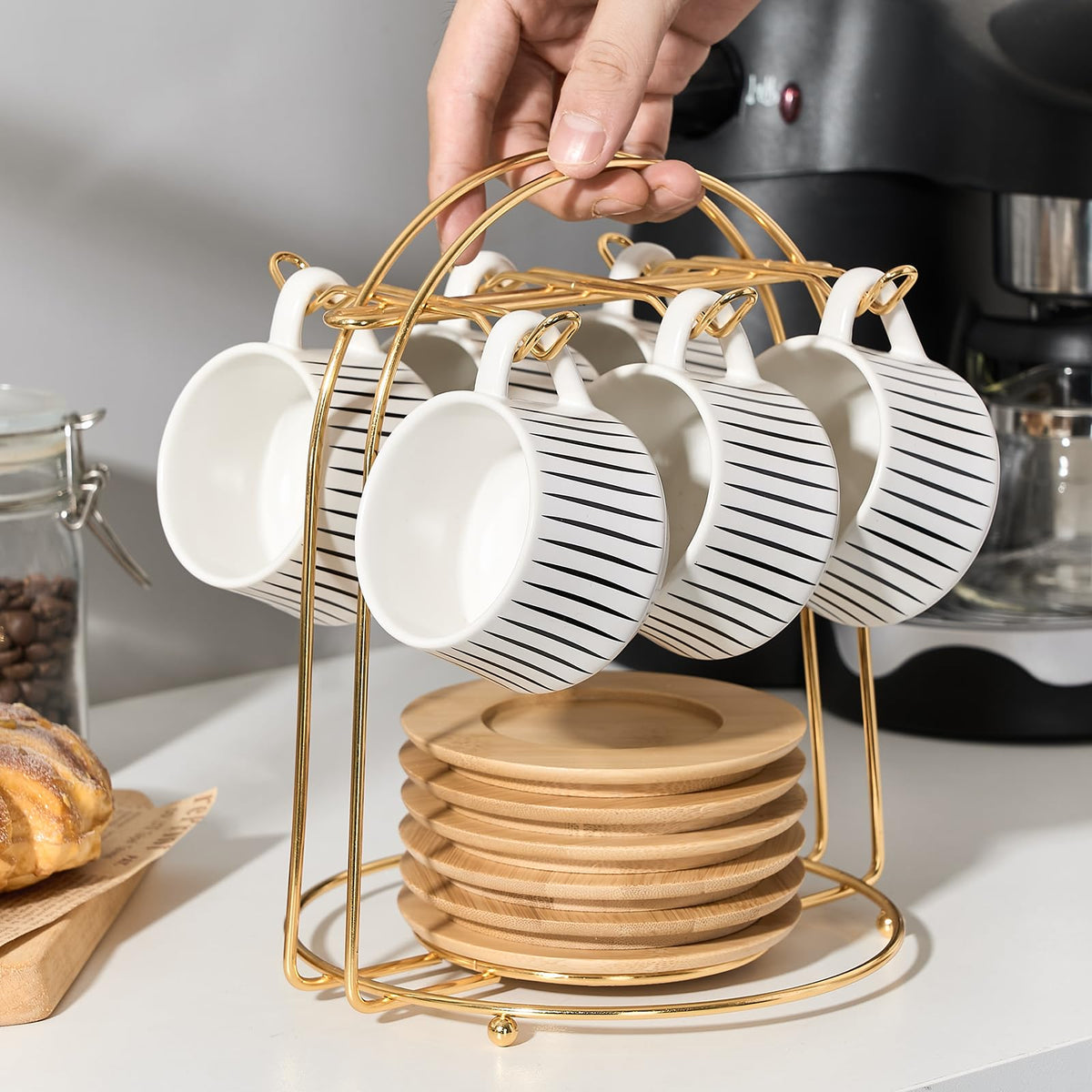 LUKA Ceramic Coffee Espresso Cups with Saucers Set with Metal Holder, 4.4 oz Porcelain Demitasse